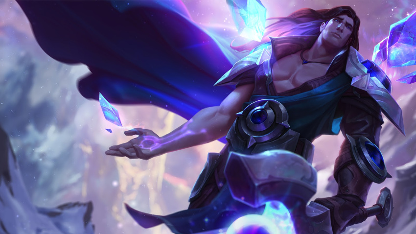 1boy brown_hair crystal gem highres league_of_legends long_hair official_art outstretched_arms tagme taric