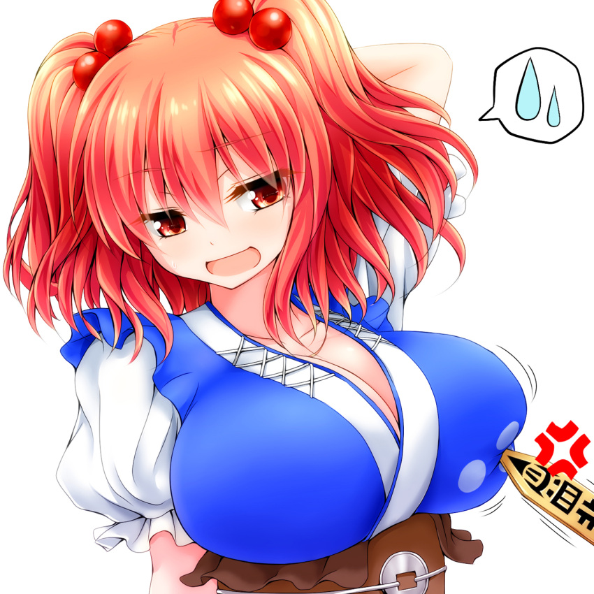 1girl anger_vein arm_behind_head blush breast_poke breasts cleavage coin hair_bobbles hair_ornament highres huge_breasts obi onozuka_komachi open_mouth poking puffy_sleeves red_eyes redhead rod_of_remorse sash short_sleeves simple_background smile solo_focus spoken_sweatdrop sweatdrop touhou twintails two_side_up upper_body watarui white_background