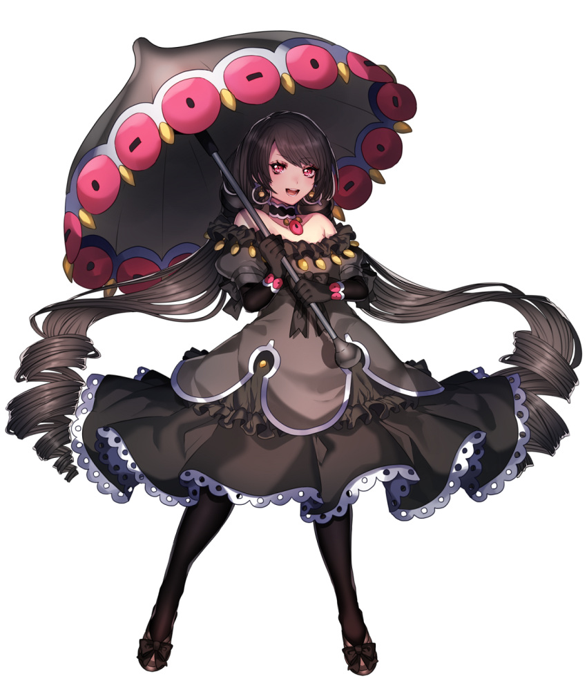 1girl bare_shoulders black_hair claydol drill_hair elbow_gloves gloves gothic_lolita highres katagiri_hachigou lolita_fashion long_hair parasol personification pokemon pokemon_(game) red_eyes solo twin_drills umbrella very_long_hair