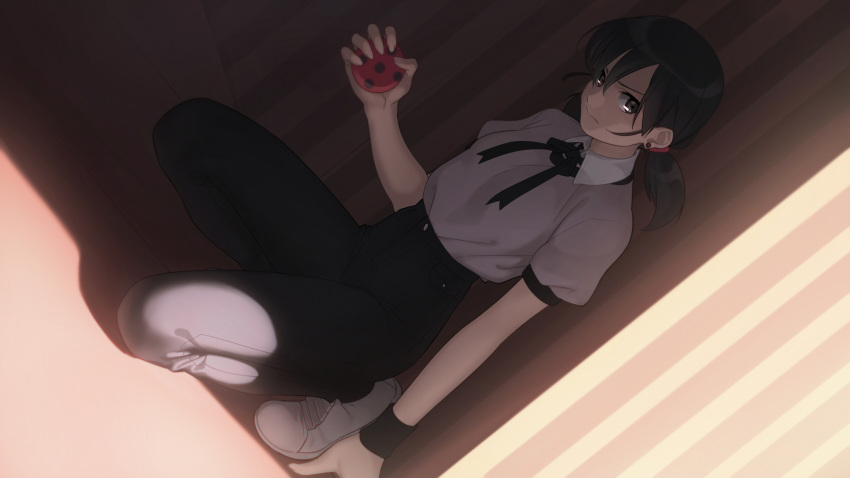 &gt;:) 1girl aconitea black_hair black_ribbon brown_eyes buttons closed_mouth collared_shirt copyright_request curtains day dress_shirt dutch_angle full_body hair_ribbon highres holding_ball indoors low_twintails marinette_dupain-cheng miraculous_ladybug polka_dot puffy_short_sleeves puffy_sleeves red_ribbon ribbon serious shadow shirt shoes short_hair short_sleeves skin_tight solo spread_legs squatting sunlight sweatband twintails white_shirt white_shoes