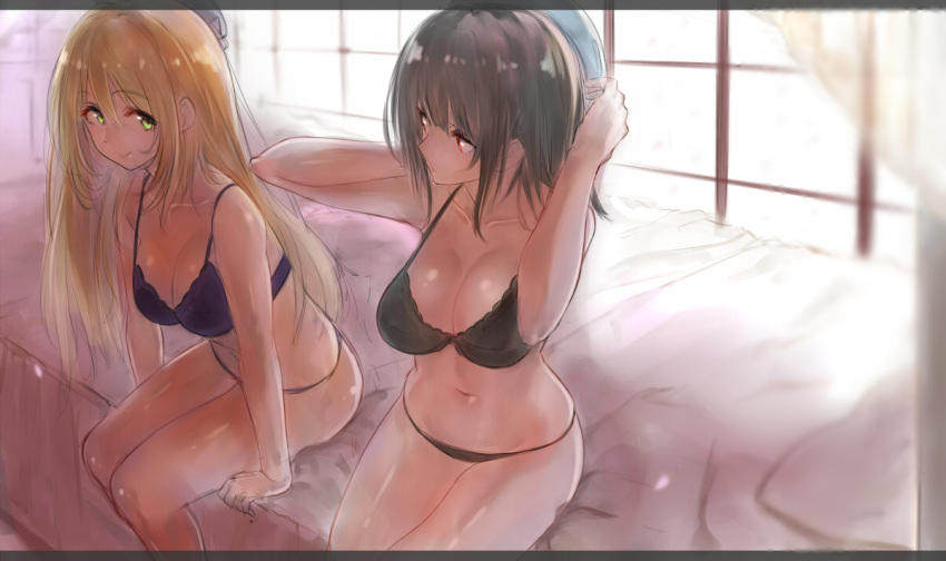 2girls arms_at_sides arms_up atago_(kantai_collection) bed bed_sheet beret black_bra black_hair black_panties blue_hat blush bra breasts cleavage closed_mouth collarbone curtains eyebrows eyebrows_visible_through_hair green_eyes hair_between_eyes hands_in_hair hat indoors isshiki_(ffmania7) kantai_collection large_breasts long_hair looking_at_viewer looking_to_the_side midriff multiple_girls navel on_bed panties pillow purple_bra purple_panties red_eyes short_hair sitting sketch smile stomach takao_(kantai_collection) tareme underwear underwear_only very_long_hair window