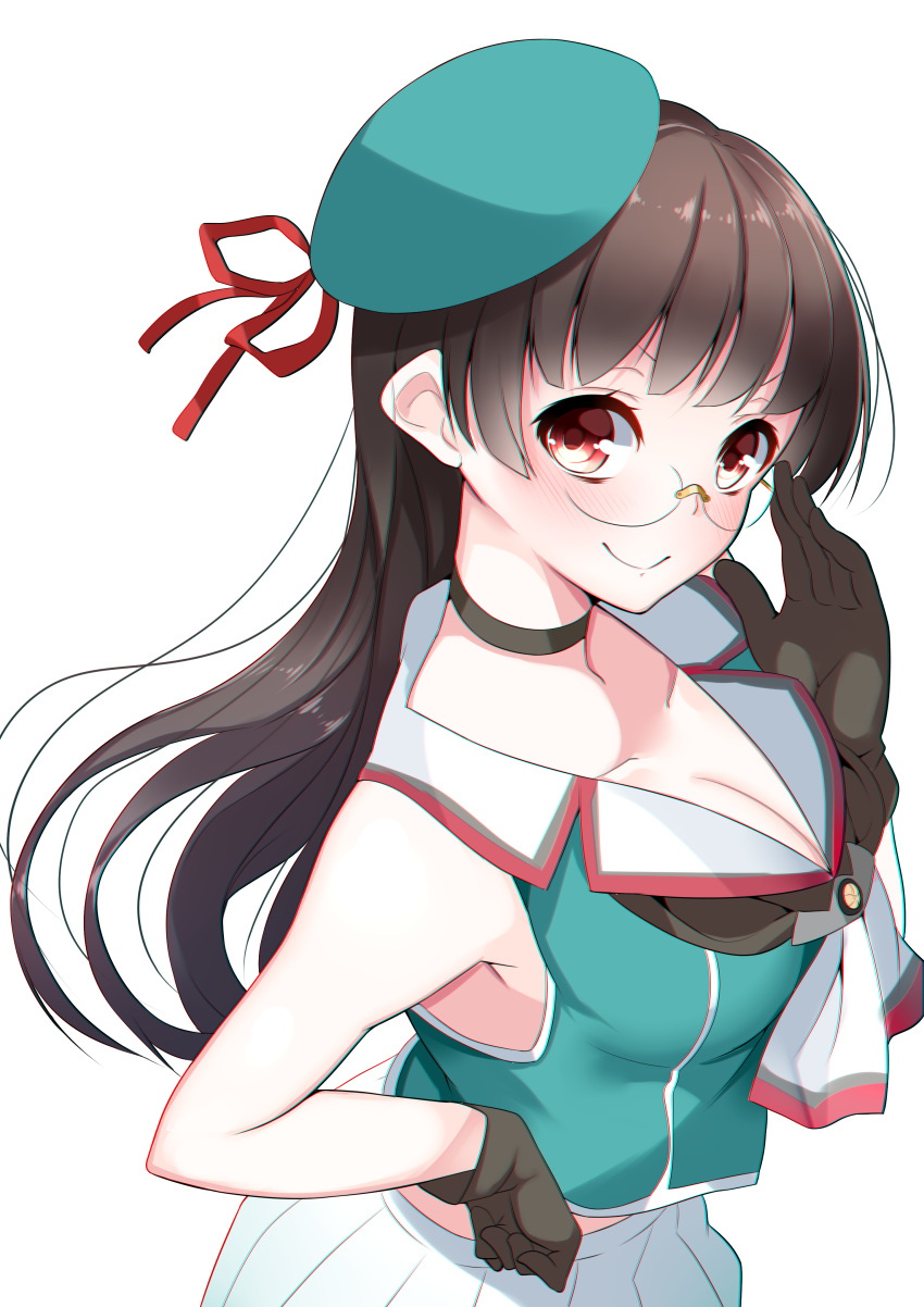 &gt;:) 1girl absurdres adjusting_glasses armpits bangs bare_shoulders beret blunt_bangs blush breasts brown_gloves brown_hair choker choukai_(kantai_collection) cleavage closed_mouth collarbone collared_vest cowboy_shot from_side glasses gloves green_hat green_vest hand_on_hip hand_up hat hat_ribbon highres kantai_collection large_breasts long_hair looking_at_viewer looking_to_the_side nebu_soku neckerchief pleated_skirt red_eyes red_ribbon ribbon rimless_glasses simple_background skirt smile solo upper_body very_long_hair white_background white_skirt