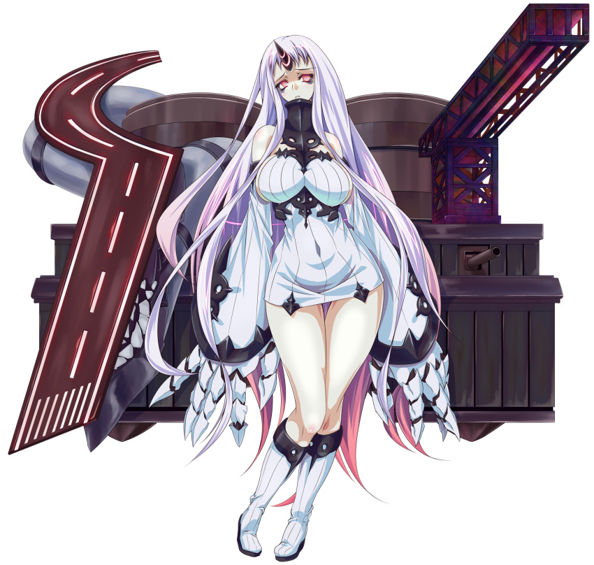 1girl alternate_hair_color bags_under_eyes between_breasts boots breasts claws collar commentary_request covered_navel detached_sleeves dress giant_hand highres horn kantai_collection knee_boots large_breasts lavender_hair long_hair multicolored_hair red_eyes seaport_hime shinkaisei-kan short_dress slit_pupils solo tachi-e thigh_gap turret two-tone_hair zephid