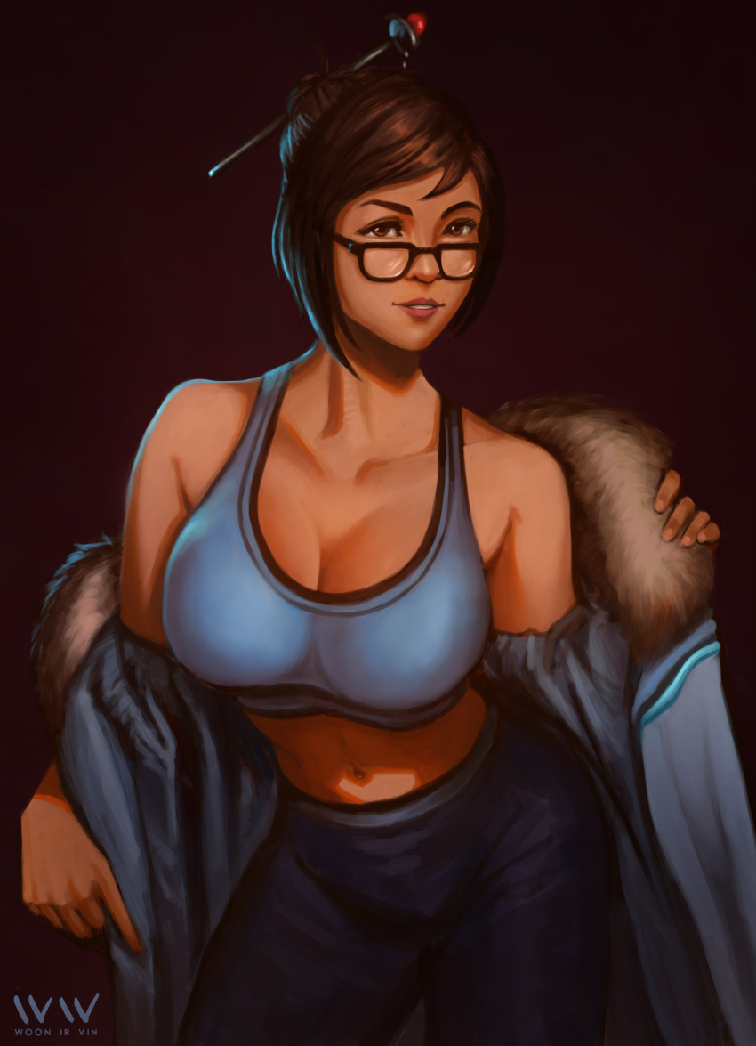 1girl absurdres breasts brown_eyes brown_hair cleavage glasses highres large_breasts lips long_hair looking_at_viewer mei_(overwatch) overwatch smile solo tank_top woon_ir_vin