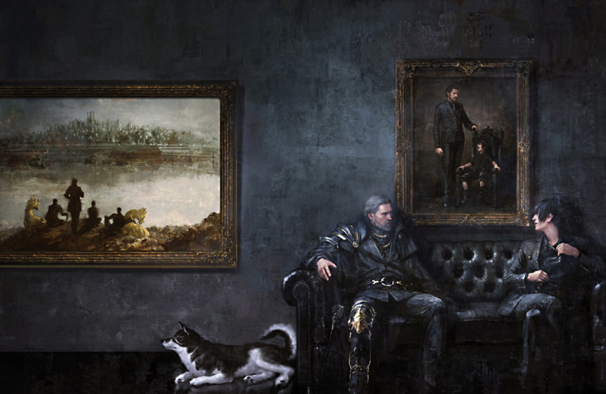2boys age_progression beard cape chocobo couch facial_hair father_and_son final_fantasy final_fantasy_xv formal grey_hair multiple_boys noctis_lucis_caelum official_art painting regis_lucis_caelum square_enix suit