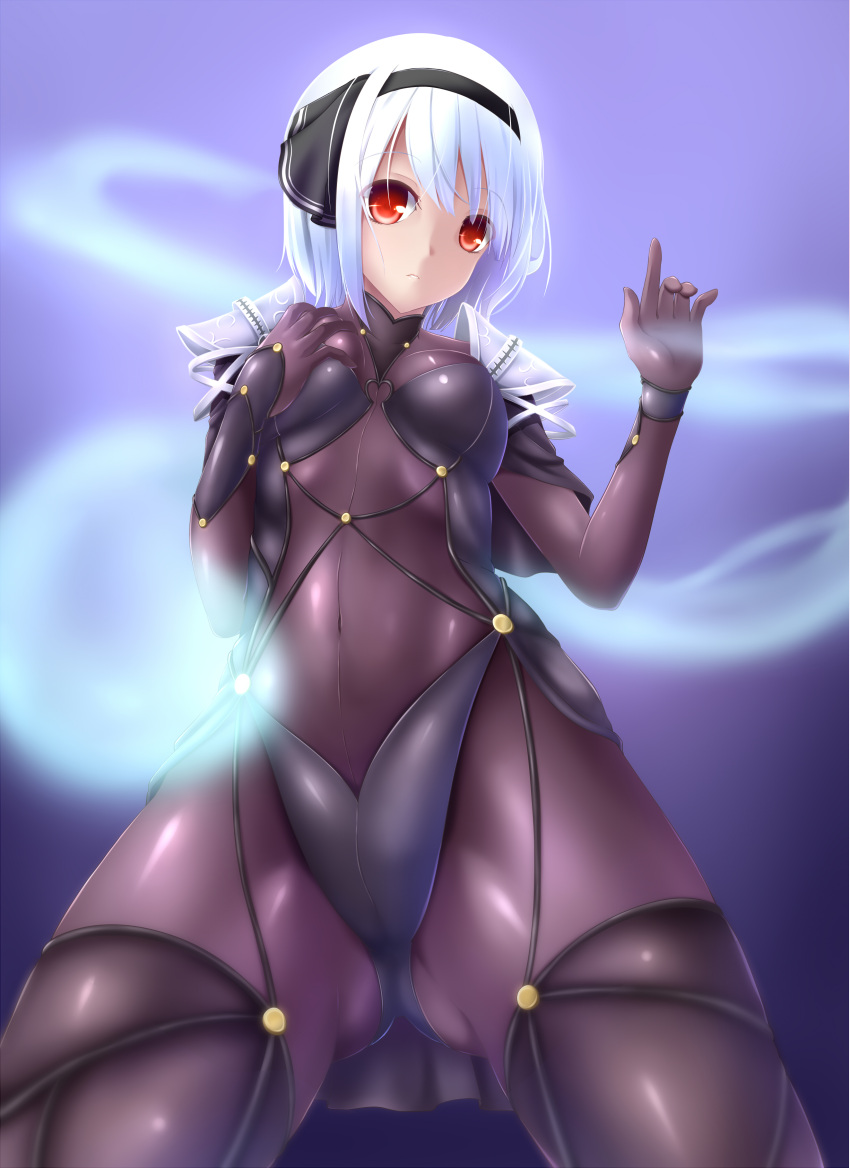 1girl absurdres bangs black_legwear bodysuit breast_hold cape cosplay covered_navel evandragon fate/grand_order fate_(series) hair_ribbon highres konpaku_youmu looking_at_viewer red_eyes ribbon scathach_(fate/grand_order) scathach_(fate/grand_order)_(cosplay) short_hair shoulder_pads silver_hair simple_background solo thigh-highs touhou
