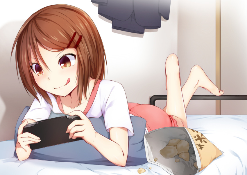 1girl :q ass bag_of_chips barefoot bed bed_sheet black_jacket black_skirt blush brown_hair chips collarbone crossed_legs feet_up hair_between_eyes hair_ornament hairclip handheld_game_console holding indoors jacket jacket_removed kisaragi_yuki_(sora_saki) kneepits lying on_bed on_stomach original pillow pink_shorts playing_games room shirt short_hair short_sleeves shorts skirt skirt_removed solo t-shirt toe_scrunch toes tongue tongue_out tsurime white_shirt