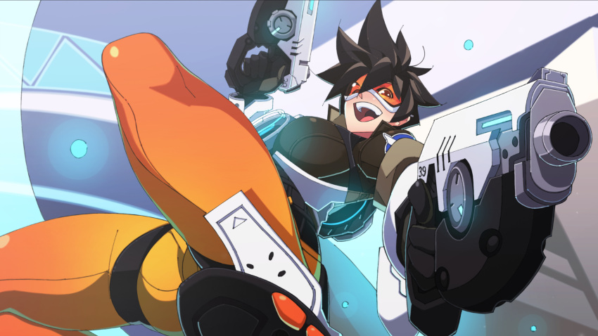 1girl brown_eyes dual_wielding goggles gun handgun highres looking_at_viewer nisego open_mouth overwatch pants pistol smile solo tight tight_pants tracer_(overwatch) weapon