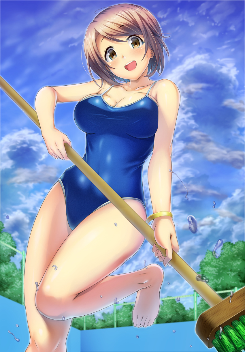 1girl :d bare_legs barefoot blush bracelet breasts broom brown_eyes brown_hair chain-link_fence cleaning_brush cleavage clouds collarbone competition_school_swimsuit covered_navel day emanon123 empty_pool female fence from_below highres holding_broom jewelry leg_up legs_together looking_at_viewer looking_down open_mouth original plant pool round_teeth running short_hair smile solo swimsuit teeth toes tree water water_drop