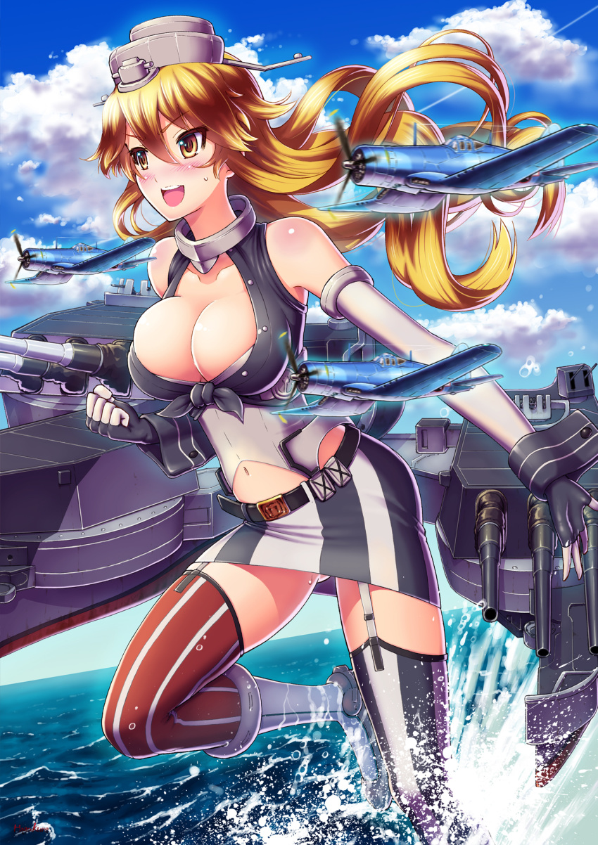 1girl :d airplane alternate_eye_color ass_visible_through_thighs bangs belt black_gloves blonde_hair blue_sky blush breasts buttons cannon clenched_hand clouds collarbone condensation_trail eyebrows eyebrows_visible_through_hair f4u_corsair fingerless_gloves front-tie_top garter_straps gloves hair_between_eyes headgear highres iowa_(kantai_collection) kantai_collection large_breasts long_hair looking_away miniskirt mismatched_legwear motion_blur navel number10_(hagakure) ocean open_mouth outdoors pencil_skirt shade skirt sky sleeveless smile solo stomach striped striped_legwear sweat thigh-highs turret unbuttoned upskirt vertical-striped_legwear vertical-striped_skirt vertical_stripes wading water wrist_cuffs yellow_eyes