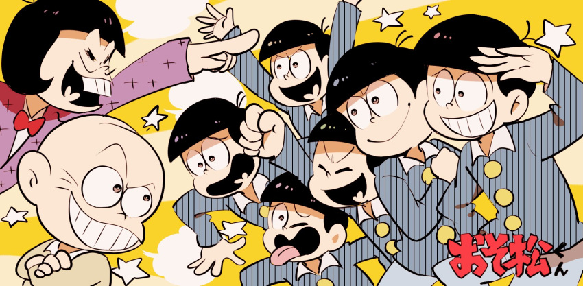 6+boys amazou bald black_hair blank_speech_bubble bow bowtie brothers buck_teeth chibita child copyright_name crossed_arms formal hand_on_hip highres iyami looking_at_another male_focus matsuno_choromatsu matsuno_ichimatsu matsuno_juushimatsu matsuno_karamatsu matsuno_osomatsu matsuno_todomatsu multiple_boys osomatsu-kun pointing purple_suit salute sextuplets siblings simple_background speech_bubble star suit tongue tongue_out wing_collar yellow_background