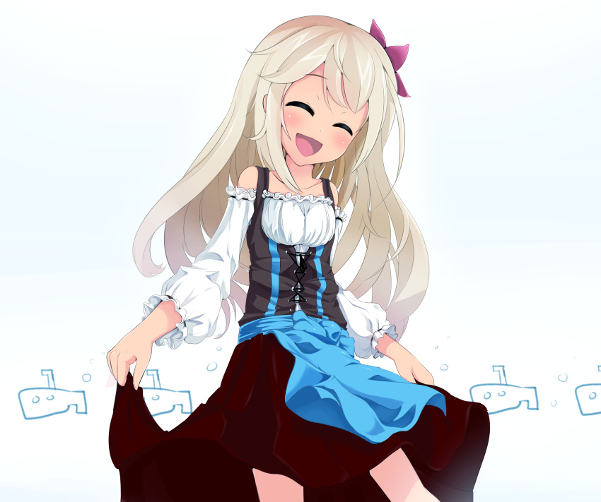 1girl alternate_costume blonde_hair closed_eyes dirndl dress dress_lift german_clothes highres kantai_collection long_hair ohshit open_mouth ro-500_(kantai_collection)