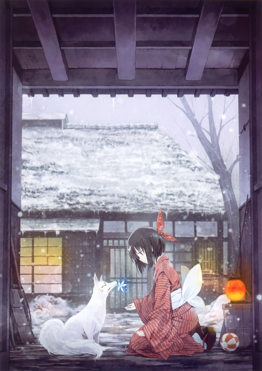 1girl absurdres ball bare_tree bow brown_eyes brown_hair closed_eyes facial_mark flower from_side geta glowing hair_bow highres house huge_filesize japanese_clothes kimono kneeling lantern mouth_hold obi on_ground original outdoors plant sash short_hair sleeves_past_wrists snowing socks sparkle striped takano_otohiko tree white_legwear wolf