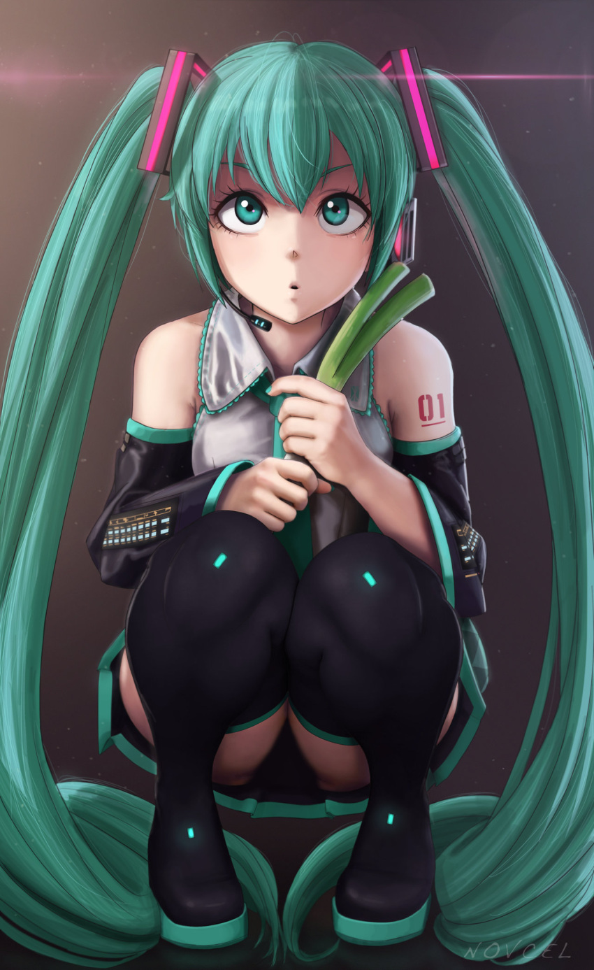 1girl black_boots black_skirt boots censored detached_sleeves full_body glowing green_eyes green_hair hatsune_miku headgear headset highres holding_foot long_hair necktie novcel number pleated_skirt skirt solo spring_onion squatting striped tattoo thigh-highs thigh_boots twintails upskirt vegetable very_long_hair vocaloid