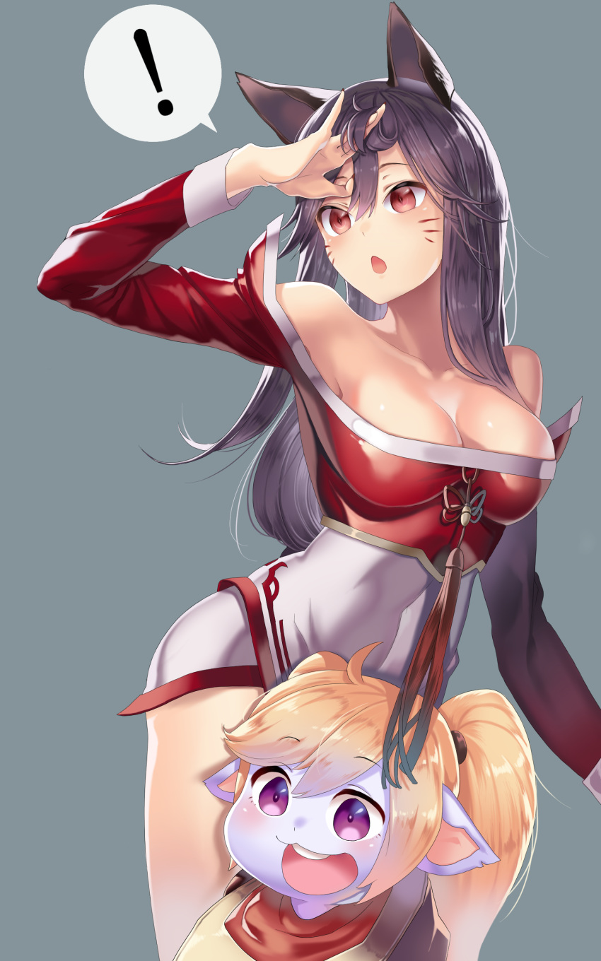 ! 2girls absurdres ahri animal_ears arippeuni black_hair blonde_hair breasts chestnut_mouth cleavage detached_sleeves facial_mark fox_ears fox_tail highres korean_clothes league_of_legends long_hair multiple_girls multiple_tails poppy spoken_exclamation_mark tail whisker_markings yellow_eyes