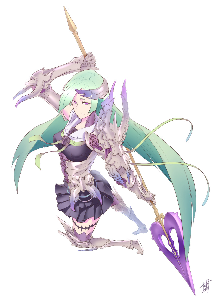 1girl aqua_hair armor armored_boots boots breasts fate/grand_order fate/prototype fate/prototype:_fragments_of_blue_and_silver fate_(series) gauntlets headgear highres holding holding_weapon lancer_(fate/prototype_fragments) light_smile long_hair looking_at_viewer pleated_skirt polearm purple_legwear sailor_collar shao_(newton) simple_background skirt solo spear thigh-highs thigh_boots violet_eyes weapon white_background