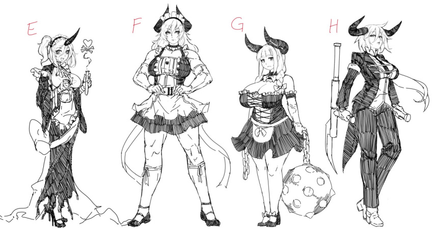 4girls ball_and_chain blush breasts butler choker cleavage coattails commentary drugs dual_wielding elbow_gloves eu03 formal full_body gloves hands_on_hips heart high_heels horn horns huge_breasts huge_weapon large_breasts loafers maid_headdress monochrome multiple_girls muscle muscular_female original reverse_trap shoes short_twintails sketch stiletto_heels suit take_your_pick test_tube thick_thighs thighs tonfa twintails weapon wide_sleeves