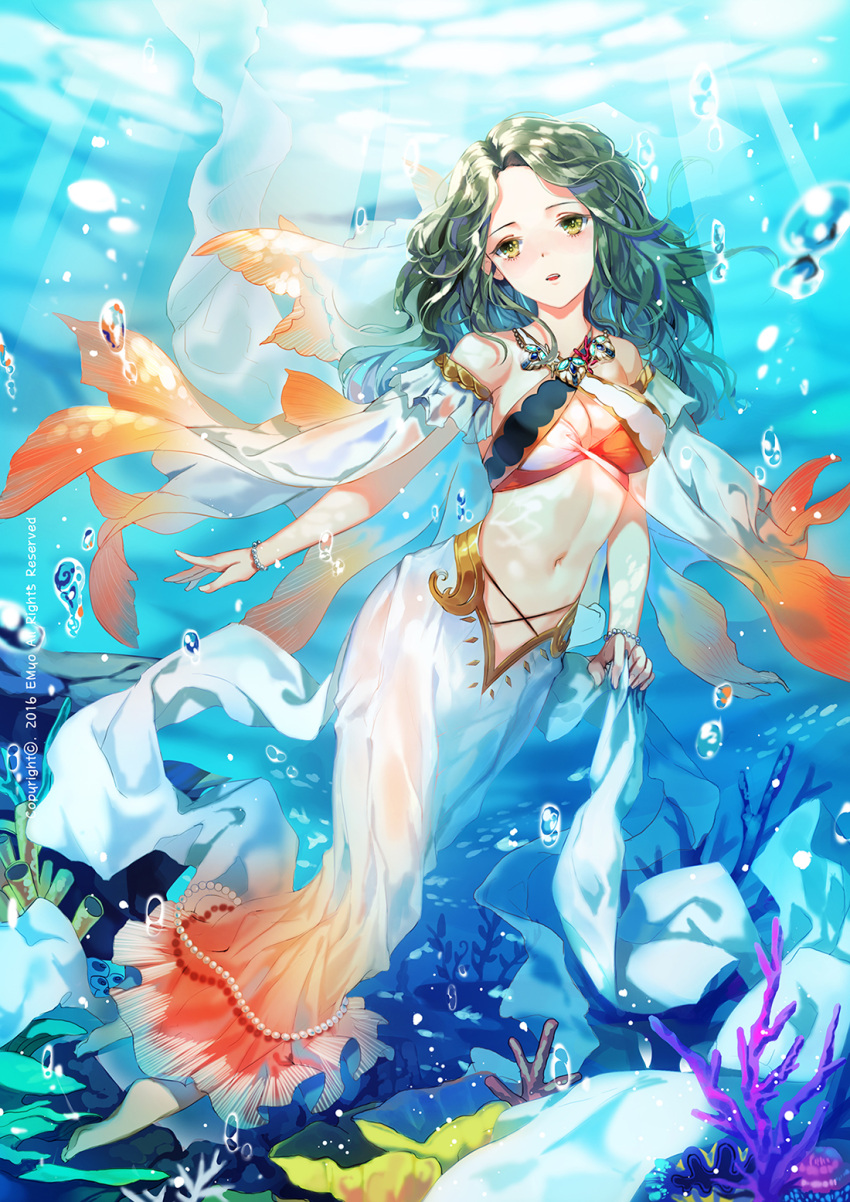 1girl 2016 air_bubble artist_name bangs bare_shoulders barefoot bead_bracelet beads blurry breasts caustics cleavage coral crop_top depth_of_field detached_sleeves eyelashes fish freediving full_body greek_mythology green_hair halterneck highres holding jewelry long_skirt medium_breasts midriff navel necklace ocean original outdoors parted_bangs pearl see-through shawl shell skirt solo stomach submerged tethys_(mythology) underwater white_skirt yellow_eyes yumaomi
