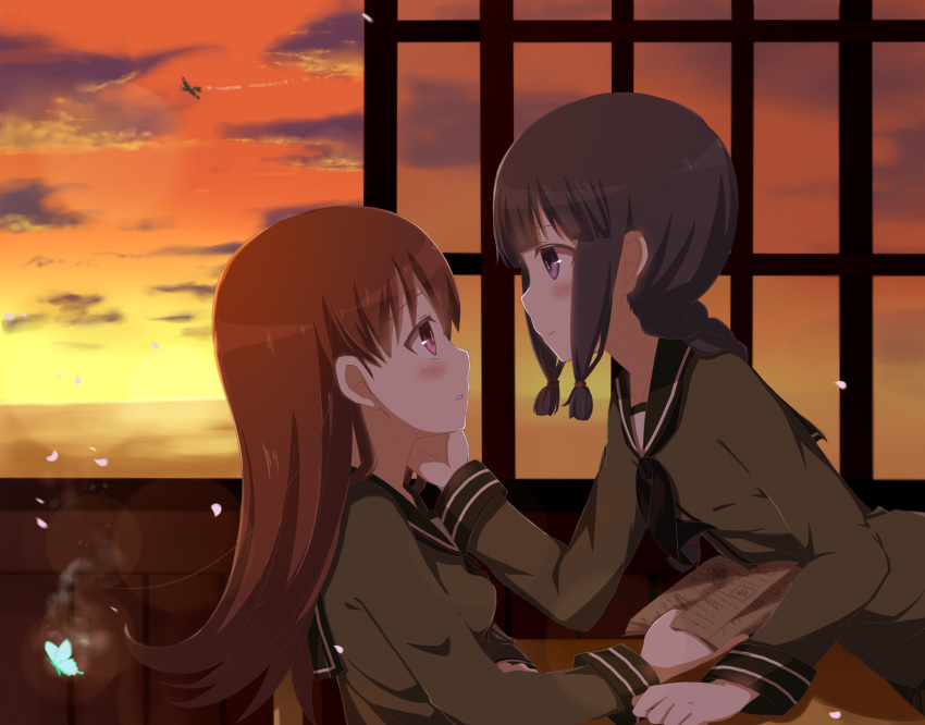 2girls absurdres akbskenmb48-40 bangs black_hair blunt_bangs book braid brown_eyes brown_hair evening face-to-face hand_on_another's_cheek hand_on_another's_face highres incipient_kiss kantai_collection kitakami_(kantai_collection) leaning long_hair looking_at_another multiple_girls ooi_(kantai_collection) school_uniform serafuku sitting smile violet_eyes yuri