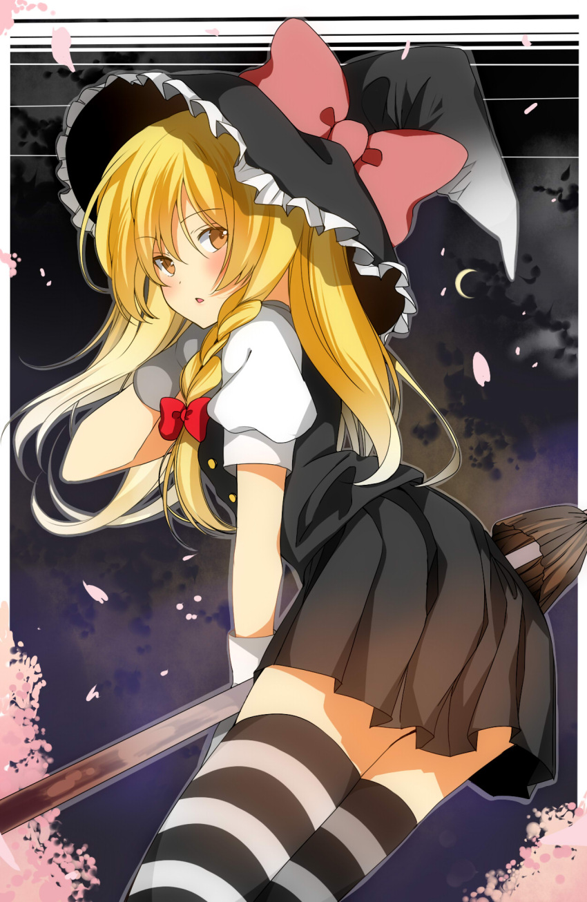 1girl :o asymmetrical_hair black_hat black_vest blonde_hair blush border bow braid cherry_blossoms crescent_moon eyebrows eyebrows_visible_through_hair frilled_hat frills from_behind gloves hair_bow hand_in_hair hand_up hat hat_bow highres holding_broom horizontal-striped_legwear kirisame_marisa leaning_forward looking_back moon night night_sky open_mouth orange_eyes pink_bow pleated_skirt puffy_short_sleeves puffy_sleeves red_bow short_sleeves single_braid skirt sky solo standing suzuka_(nonnonsuzuki20) thigh-highs thighs touhou vest white_border white_gloves witch_hat zettai_ryouiki