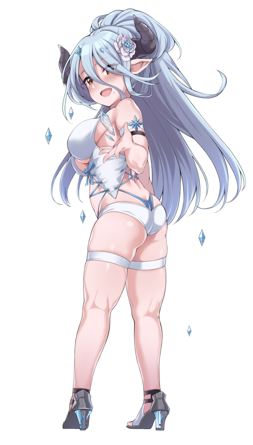 1girl ass bare_shoulders bikini blue_hair blush breasts butt_crack draph eyebrows_visible_through_hair eyes_visible_through_hair flower from_behind full_body granblue_fantasy hair_between_eyes hair_flower hair_ornament high_heels highleg highleg_bikini highres horns izmir large_breasts layered_swimsuit long_hair looking_at_viewer mole mole_under_mouth one-piece_swimsuit open_mouth pink_lips pointy_ears red_eyes skindentation solo spicy_moo standing swimsuit thigh_strap thighs very_long_hair white_swimsuit