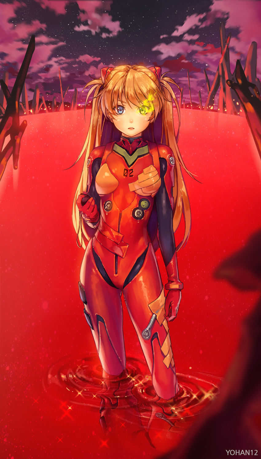 1girl arm_at_side artist_name ass_visible_through_thighs bangs blue_eyes blurry bodysuit closed_mouth clouds contrapposto depth_of_field evangelion:_3.0_you_can_(not)_redo eyepatch eyepatch_removed frown gloves glowing glowing_eye headgear heterochromia highres holding lcl long_hair looking_at_viewer neon_genesis_evangelion night night_sky number orange_hair outdoors pilot_suit plugsuit rebuild_of_evangelion reflection ripples serious shikinami_asuka_langley sky small_breasts solo souryuu_asuka_langley sparkle standing star_(sky) starry_sky tape turtleneck two_side_up very_long_hair wading yellow_eyes yohan12