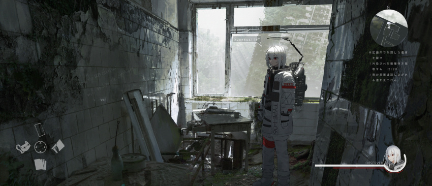 1girl absurdres asteroid_ill bangs coat english_text expressionless fake_screenshot feet_out_of_frame gloves hair_between_eyes halo heads-up_display health_bar highres indoors long_sleeves mechanical_halo observer_(asteroid_ill) open_clothes open_coat original red_eyes ruins solo standing translation_request white_coat white_hair