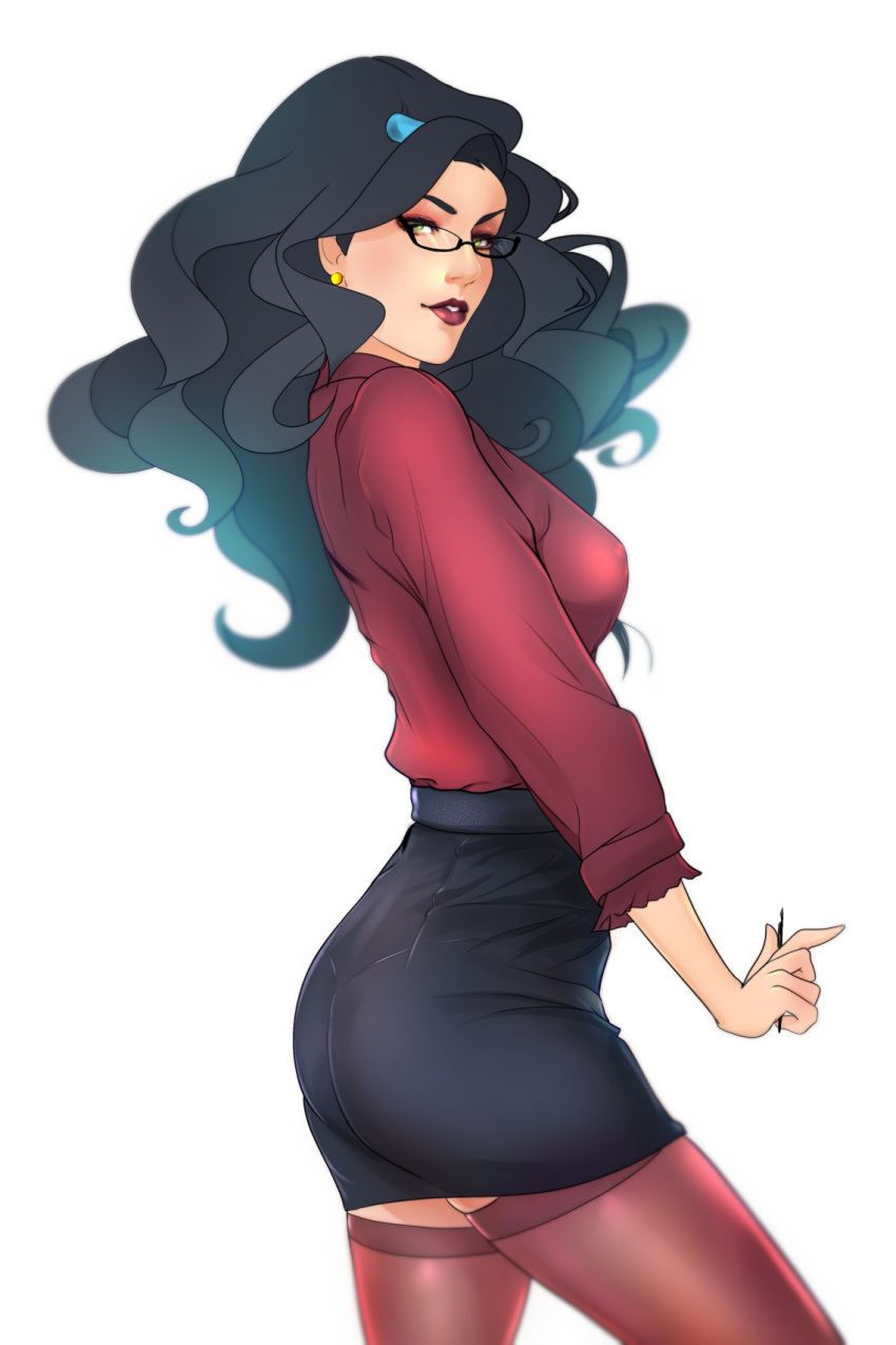 1girl asami_sato ass avatar:_the_last_airbender black_hair breasts earrings formal glasses green_eyes highres jewelry light_smile lips long_hair parted_lips simple_background skirt solo superboin the_legend_of_korra thigh-highs white_background