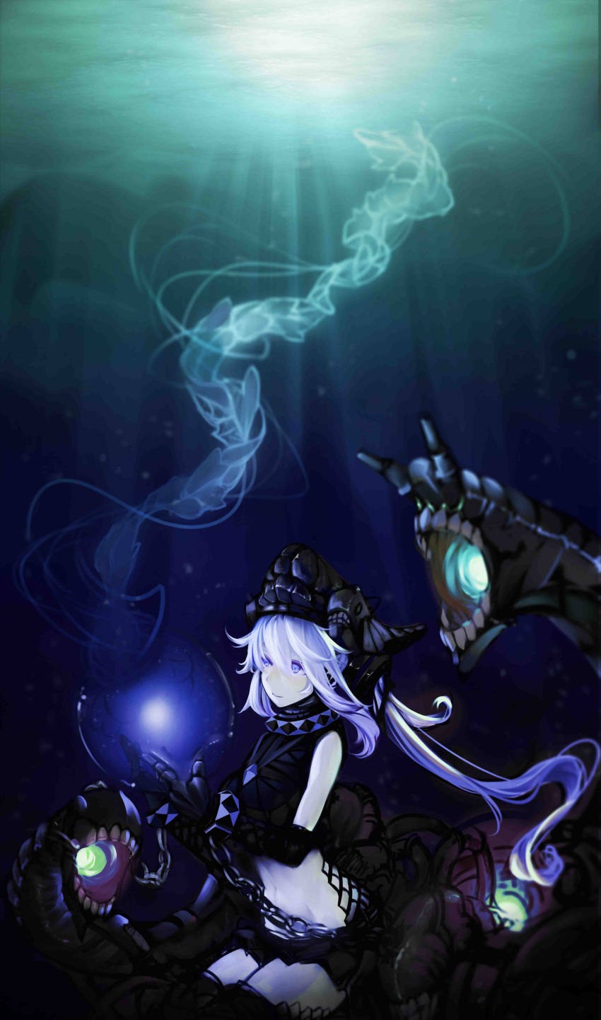 1girl absurdres adapted_costume bracelet chain collar commentary_request cuffs destroyer_hime glowing_mouth helmet highres jellyfish jewelry kantai_collection long_hair midriff seiza shackles shayu_chuan shinkaisei-kan side_ponytail sitting solo spiked_bracelet spiked_collar spikes thigh-highs underwater
