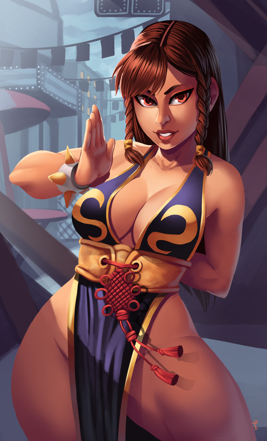 1girl absurdres alternate_costume alternate_hairstyle andre_parcesepe arm_behind_back black_dress bracelet breasts capcom china_dress chinese_clothes chun-li cleavage dress highres jewelry solo spiked_bracelet spikes street_fighter street_fighter_v