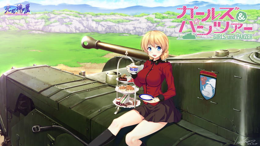 1girl black_legwear black_tea blonde_hair blue_eyes blush boots braid breasts cake churchill_(tank) copyright_name cup darjeeling food girls_und_panzer highres hozumi_kaoru large_breasts looking_at_viewer military military_uniform military_vehicle mountain muzzle_brake open_mouth pleated_skirt saucer skirt smile solo tank teacup thighs tiered_tray turret uniform vehicle