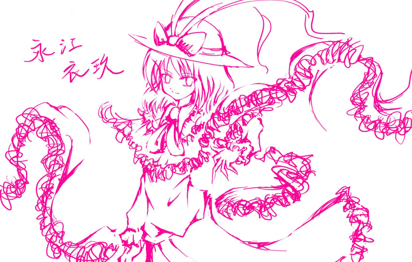 1girl arm_up bow capelet character_name frilled_shawl frills hat hat_bow highres long_hair long_skirt looking_at_viewer monochrome nagae_iku raptor7 shawl simple_background sketch skirt solo touhou translated white_background