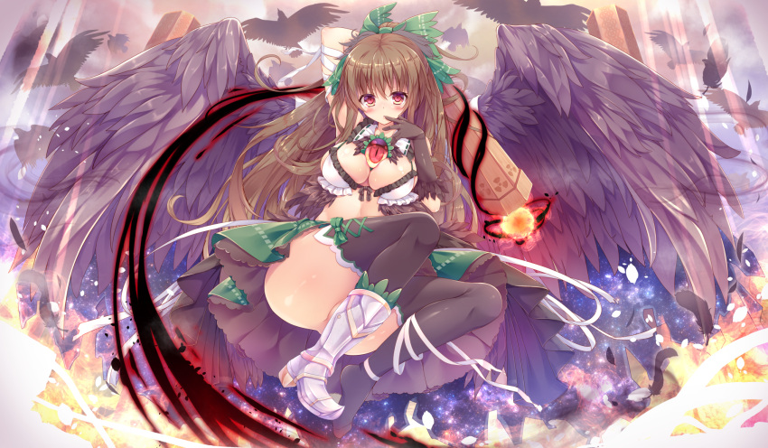 1girl adapted_costume arm_behind_head arm_cannon arm_up bangs bird black_gloves black_legwear black_wings boots breasts brown_hair cedama cleavage feathers fire gloves green_skirt high_heels highres large_breasts long_hair looking_at_viewer no_panties raven_(animal) red_eyes reiuji_utsuho single_boot skirt solo sunlight thigh-highs touhou very_long_hair weapon white_boots wings