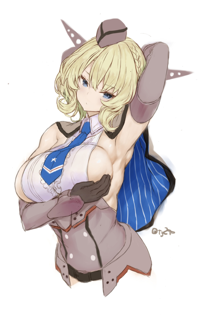 1girl absurdres armpits blonde_hair blue_eyes blue_necktie braid breasts capelet collared_shirt colorado_(kancolle) cropped_torso eyebrows_visible_through_hair garrison_cap grey_headwear hat headgear highres kantai_collection large_breasts necktie ryo_(tg290) shirt short_hair simple_background sleeveless sleeveless_shirt solo twitter_username upper_body white_background white_shirt