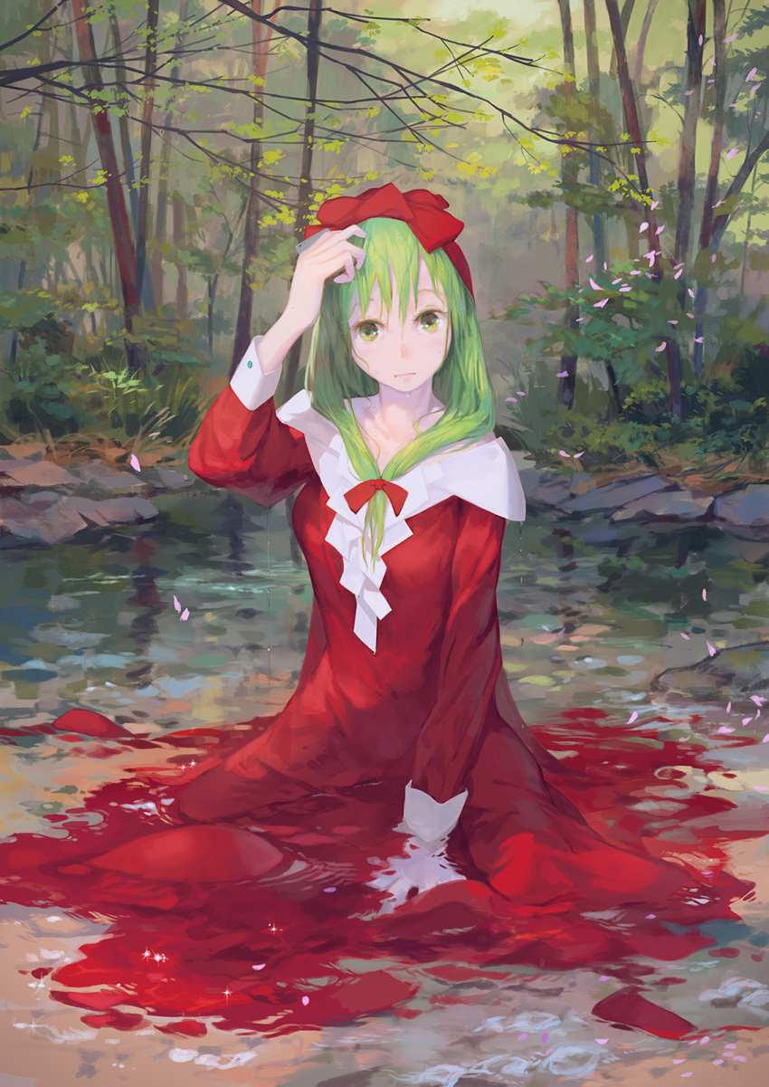 1girl between_legs bow bush cherry_blossoms closed_mouth dress dripping forest front_ponytail frown grass green_eyes green_hair hair_bow hair_down hand_between_legs hand_up hat highres jq kagiyama_hina leaf lips long_hair long_sleeves nature off-shoulder_dress off_shoulder partially_submerged petals plant pond red_bow red_dress red_hat rock shore sitting sleeve_cuffs solo tareme touhou tree tree_branch wariza water water_drop wet wet_clothes wet_dress wet_hair