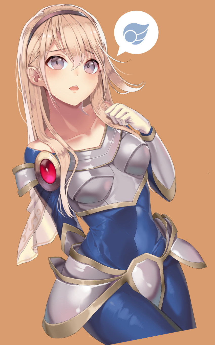 1girl absurdres arippeuni armor blonde_hair blue_eyes blush breasts gloves highres league_of_legends long_hair looking_at_viewer luxanna_crownguard open_mouth solo speech_bubble