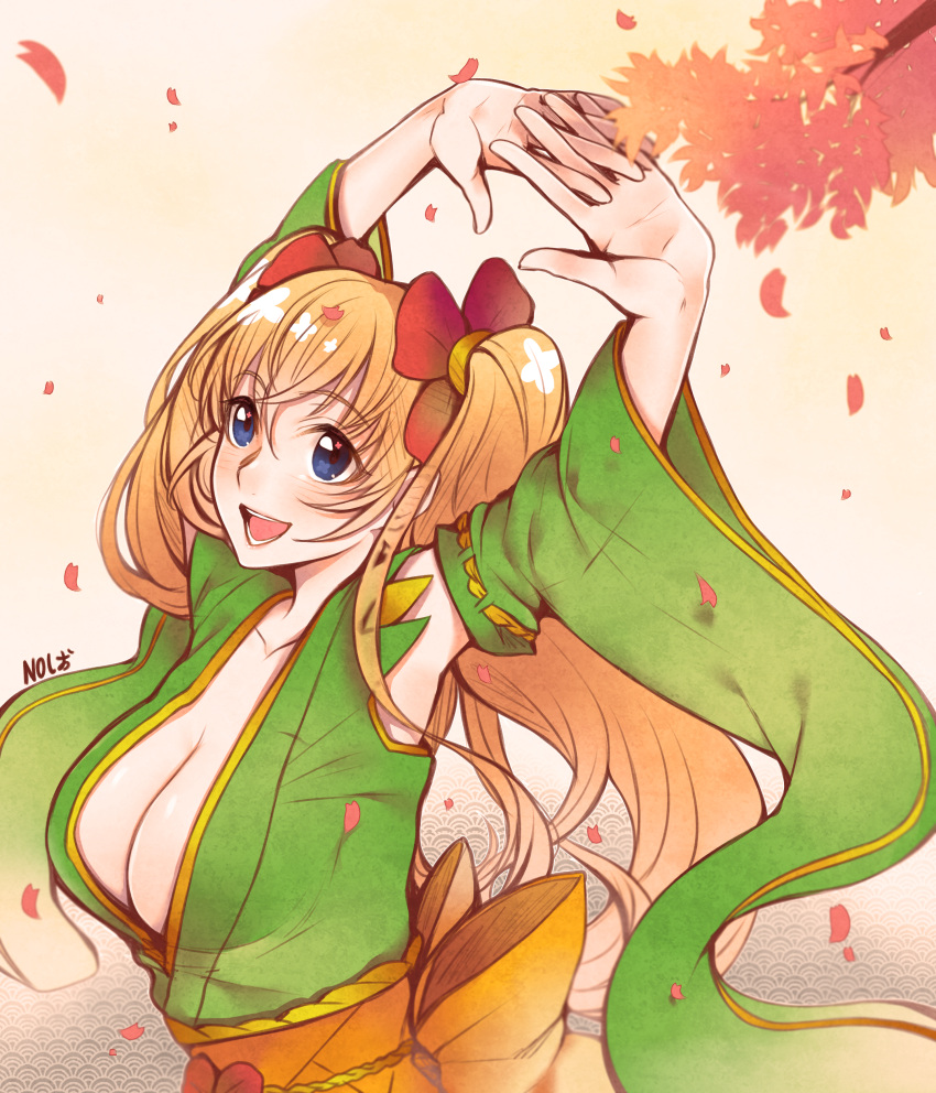1girl :d absurdres arms_up artist_name beige_background blonde_hair blue_eyes borrowed_character bow branch breasts cherry_blossoms cleavage collarbone detached_sleeves eyebrows eyebrows_visible_through_hair flower hair_flower hair_ornament highres huge_filesize japanese_clothes kimono large_breasts long_hair long_sleeves looking_afar no-shio obi open_mouth original sash simple_background smile solo stretch tareme tree_branch twintails wide_sleeves yellow_bow
