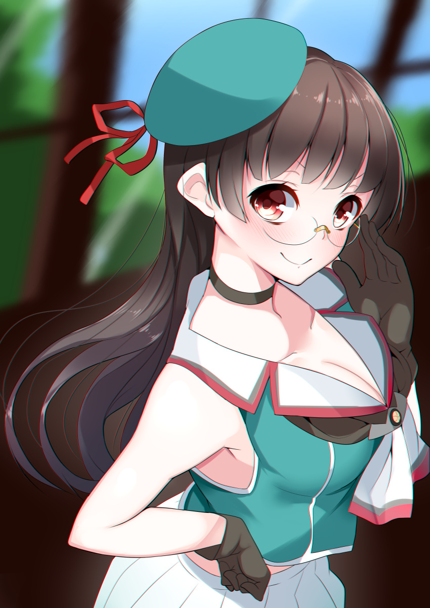 &gt;:) 1girl absurdres adjusting_glasses armpits bangs bare_shoulders beret black_hair blunt_bangs blurry_background blush breasts brown_gloves brown_hair choker choukai_(kantai_collection) cleavage closed_mouth collarbone collared_vest cowboy_shot female from_side glasses gloves green_hat green_vest hand_on_hip hand_up hat hat_ribbon highres indoors kantai_collection large_breasts long_hair looking_at_viewer looking_to_the_side nebu_soku neckerchief pleated_skirt red_eyes red_ribbon remodel_(kantai_collection) ribbon rimless_glasses school_uniform serafuku skirt smile solo upper_body very_long_hair white_skirt window