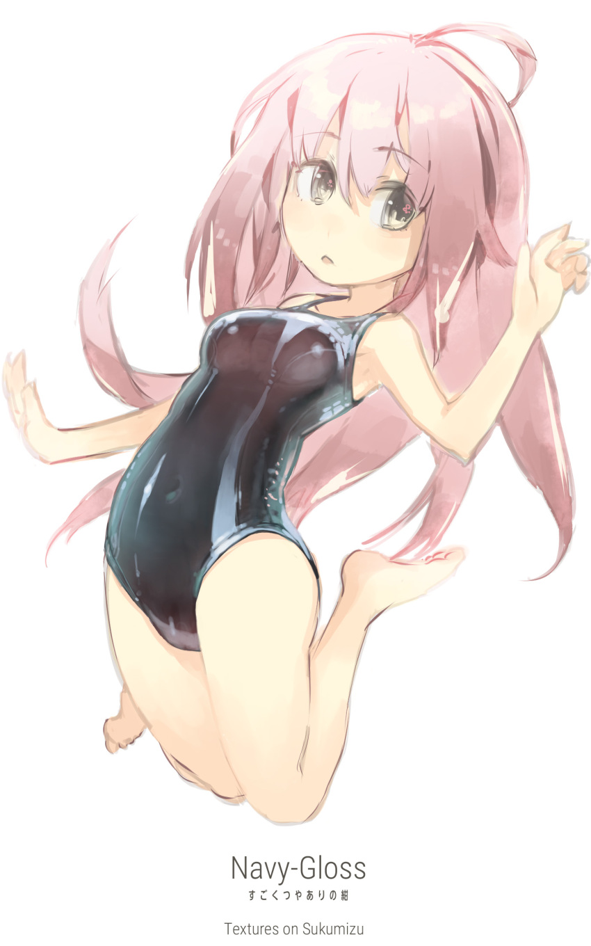 1girl ahoge barefoot brown_eyes highres jumping konno_takashi_(frontier_pub) long_hair original pink_hair school_swimsuit shiny shiny_clothes swimsuit