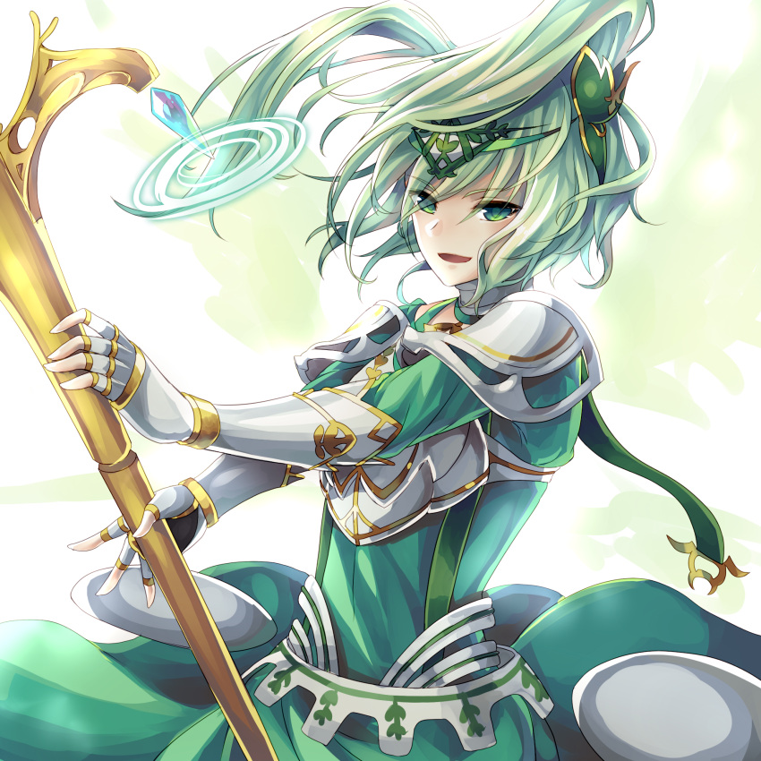 1boy armor breastplate circlet fingerless_gloves gloves green_eyes green_hair highres jewelry kozakura_(dictionary) long_hair michael_(p&amp;d) multiple_wings open_mouth pauldrons pendant polearm puzzle_&amp;_dragons simple_background solo spear weapon white_background wings