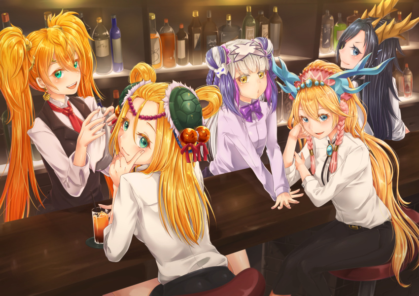 5girls alternate_costume arm_support bar bar_stool bartender belt black_hair blonde_hair blue_eyes blush bottle bow bowtie braid circlet coaster cup double_bun dragon_girl dragon_horns drinking_glass drinking_straw earrings green_eyes hair_between_eyes hair_ornament hair_rings hairclip haku_(p&amp;d) head_fins headdress horns ice ice_cube jewelry karin_(p&amp;d) leilan_(p&amp;d) long_hair looking_at_viewer looking_back meimei_(p&amp;d) multicolored_hair multiple_girls necktie open_mouth orange_hair plate purple_hair puzzle_&amp;_dragons reflection sakuya_(p&amp;d) smile stool turtle_shell twintails very_long_hair white_hair wine_bottle yellow_eyes yuzutosen