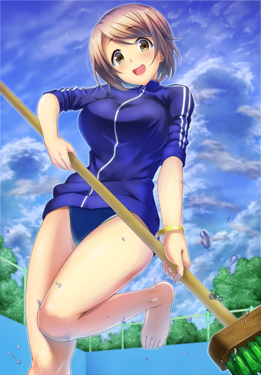1girl :d bare_legs barefoot blue_jacket blue_swimsuit blush bracelet broom brown_eyes brown_hair chain-link_fence clouds competition_school_swimsuit day emanon123 female fence from_below highres holding_broom jacket jewelry leg_up legs_together long_sleeves looking_at_viewer looking_down open_mouth original plant pool round_teeth running short_hair sleeves_past_elbows sleeves_pushed_up smile solo swimsuit swimsuit_under_clothes teeth toes tree water water_drop zipper