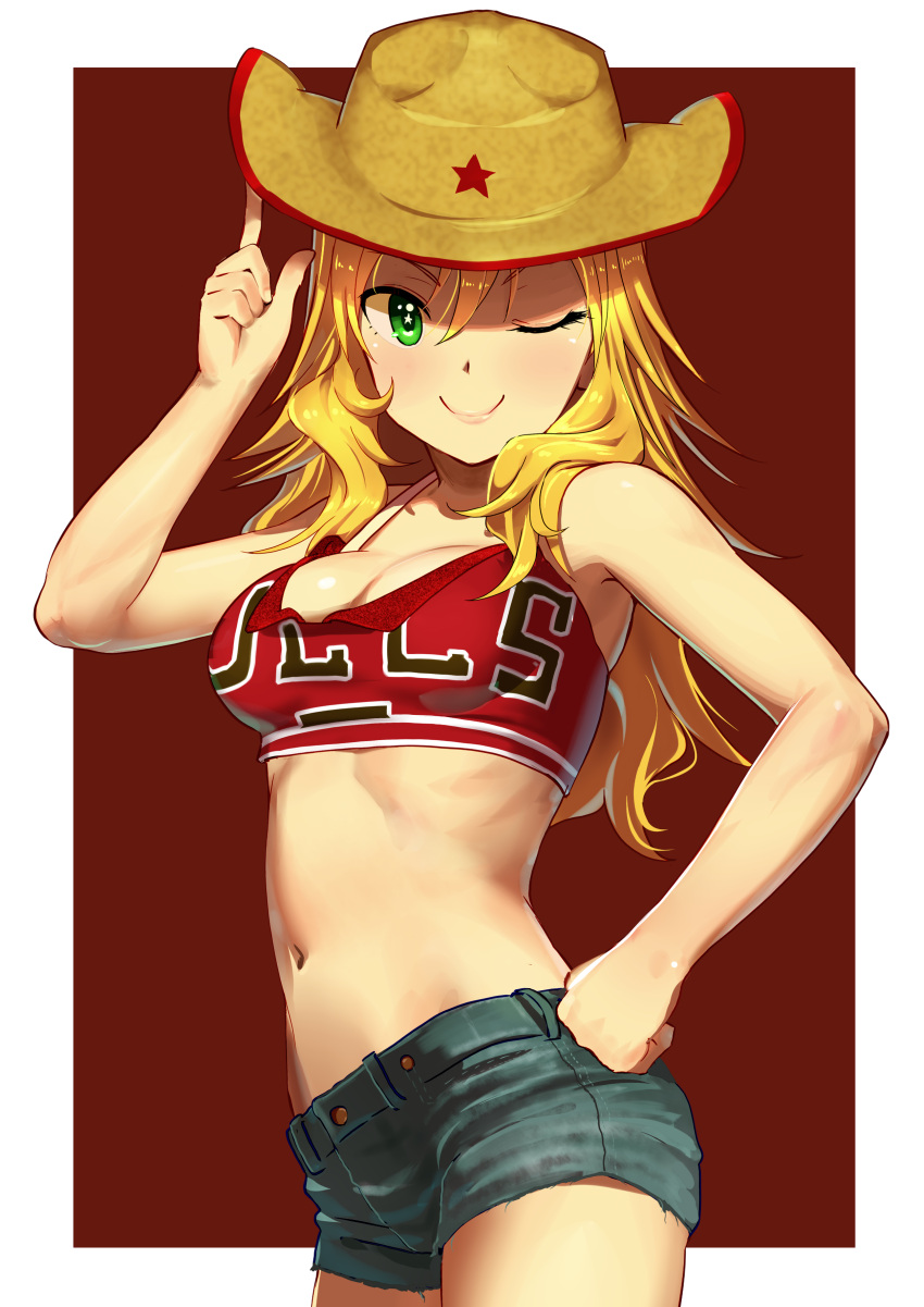 1girl ;) absurdres ahoge bare_shoulders blonde_hair blush breasts cleavage commentary_request cowboy_hat crop_top denim denim_shorts green_eyes hand_on_hip hat highres hoshii_miki idolmaster long_hair looking_at_viewer midriff navel one_eye_closed pettan_p short_shorts shorts smile solo star star-shaped_pupils symbol-shaped_pupils