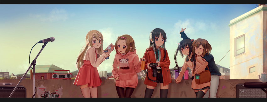 5girls :o :t ^_^ absurdres adventure_time akiyama_mio arm_up bag bangs belt black_eyes black_hair black_legwear black_shorts blue_eyes blush blush_stickers brown_hair building cable camera castle character_print character_request clenched_hands closed_eyes closed_mouth coat collared_shirt crossover cup dress hairband happy heart heart_print highres hirasawa_yui holding holding_camera hood hoodie jake k-on! kotobuki_tsumugi legs_apart letterboxed long_hair long_sleeves looking_at_another looking_to_the_side microphone_stand multiple_crossover multiple_girls nakano_azusa neck_ribbon one-punch_man panda_print pantyhose pink_skirt poster pouring red_eyes ribbon shirt short_hair shorts shoulder_bag skirt sky smile speaker standing star star_print steamy_tomato string suspender_skirt suspenders sweater tainaka_ritsu tatsumaki tea teacup teapot thermos thigh-highs turtle twintails v white_legwear white_shirt