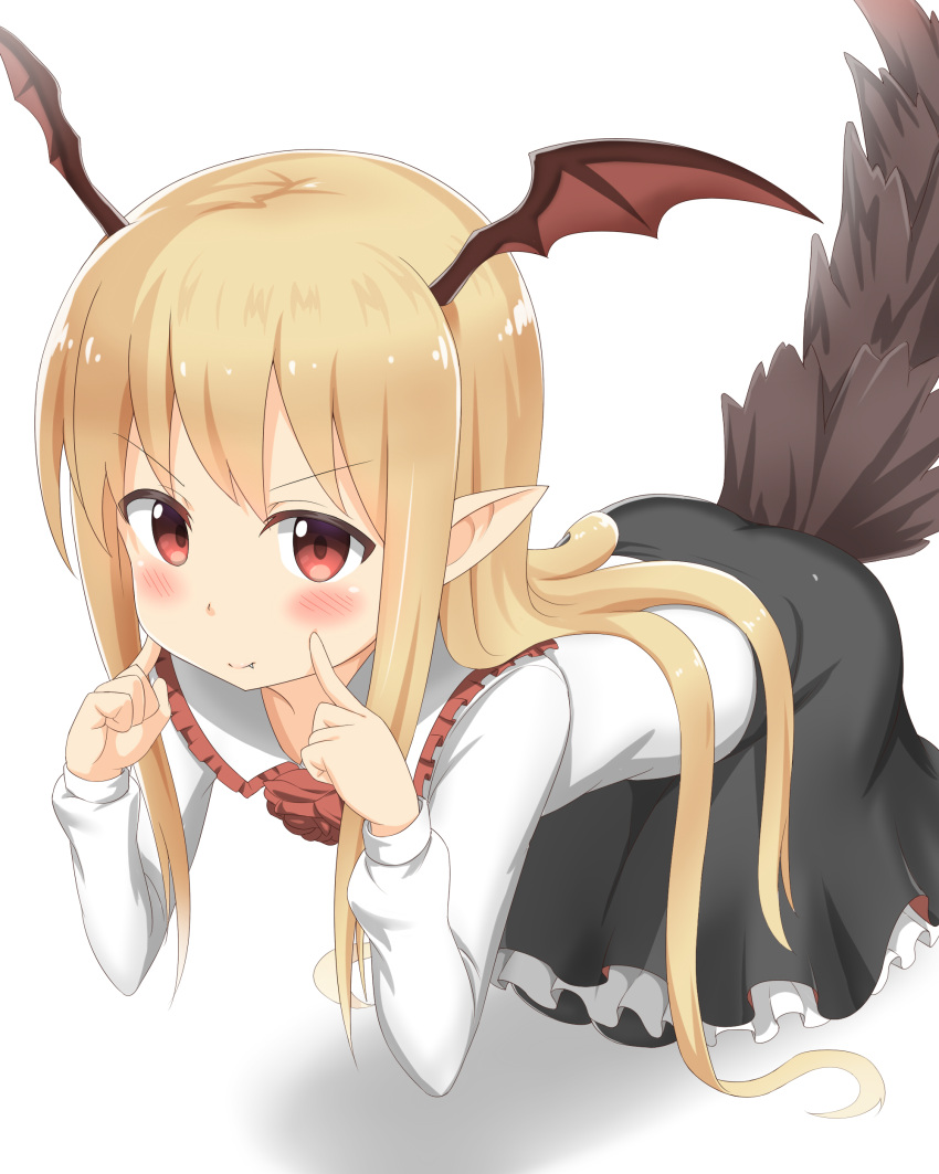 1girl absurdres black_skirt blonde_hair blush fang granblue_fantasy head_wings highres long_hair looking_at_viewer nedia_r pointy_ears red_eyes simple_background skirt solo tail vampy white_background