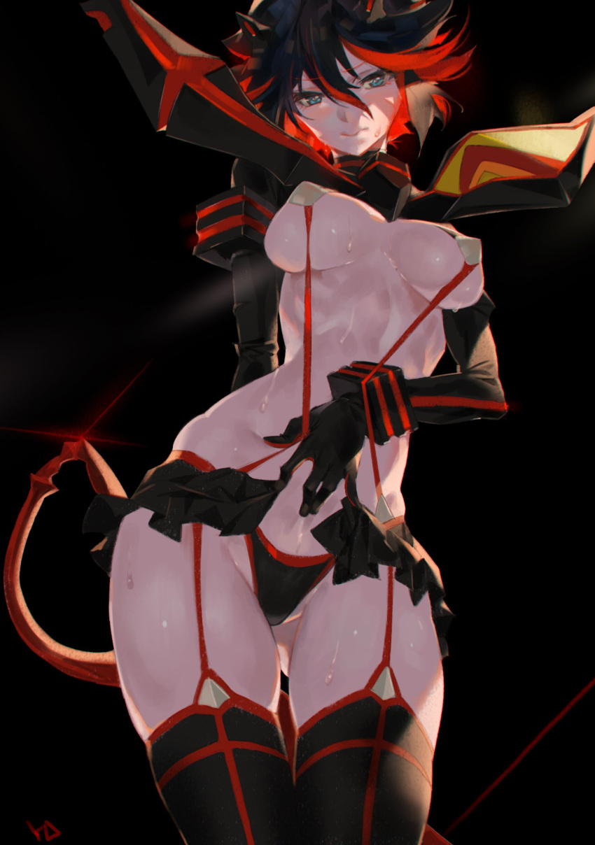 1girl armlet ass_visible_through_thighs black_background black_gloves black_hair black_legwear black_skirt blue_eyes blush breasts cleavage covered_nipples cowboy_shot from_below garter_straps glint gloves hand_on_own_chest highres kill_la_kill large_breasts matoi_ryuuko multicolored_hair redhead revealing_clothes scissor_blade senketsu shoulder_pads showgirl_skirt simple_background skirt solo standing streaked_hair sweat sweatdrop thigh-highs under_boob yang-do