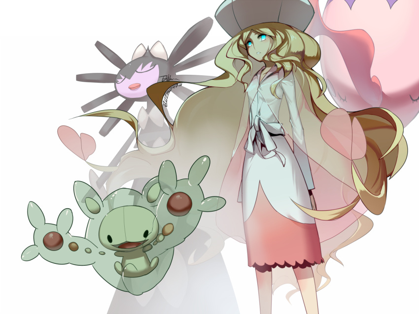 1girl 2016 arms_at_sides artist_name blonde_hair blue_eyes cattleya_(pokemon) closed_eyes dated dress ege_(597100016) from_below gothitelle gym_leader hat legs_apart long_hair long_sleeves looking_at_viewer musharna pokemon pokemon_(creature) pokemon_(game) pokemon_bw pokemon_special reuniclus sash see-through solo standing very_long_hair wavy_hair white_background