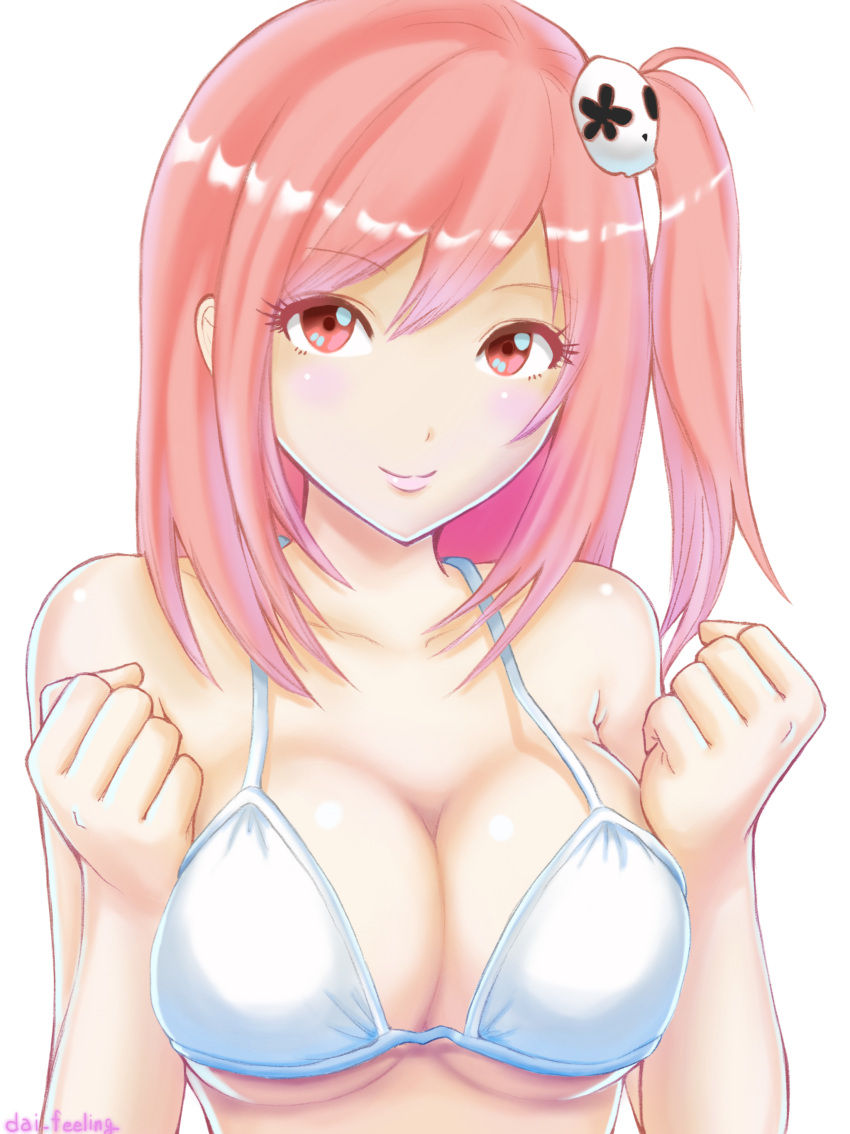 1girl absurdres bikini breast_squeeze breasts cleavage clenched_hands collarbone dead_or_alive eyelashes hair_ornament highres honoka_(doa) large_breasts light_smile long_hair looking_at_viewer one_side_up pink_eyes pink_hair simple_background smile solo strap_gap swimsuit tenzeru twitter_username upper_body white_background white_bikini