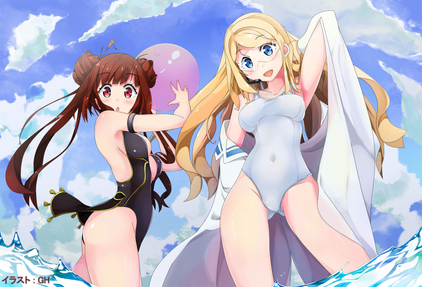 2girls blonde_hair blue_eyes brown_hair casual_one-piece_swimsuit double_bun dungeon_and_fighter gh glasses highres kantoku_(style) long_hair multiple_girls one-piece_swimsuit red_eyes swimsuit water