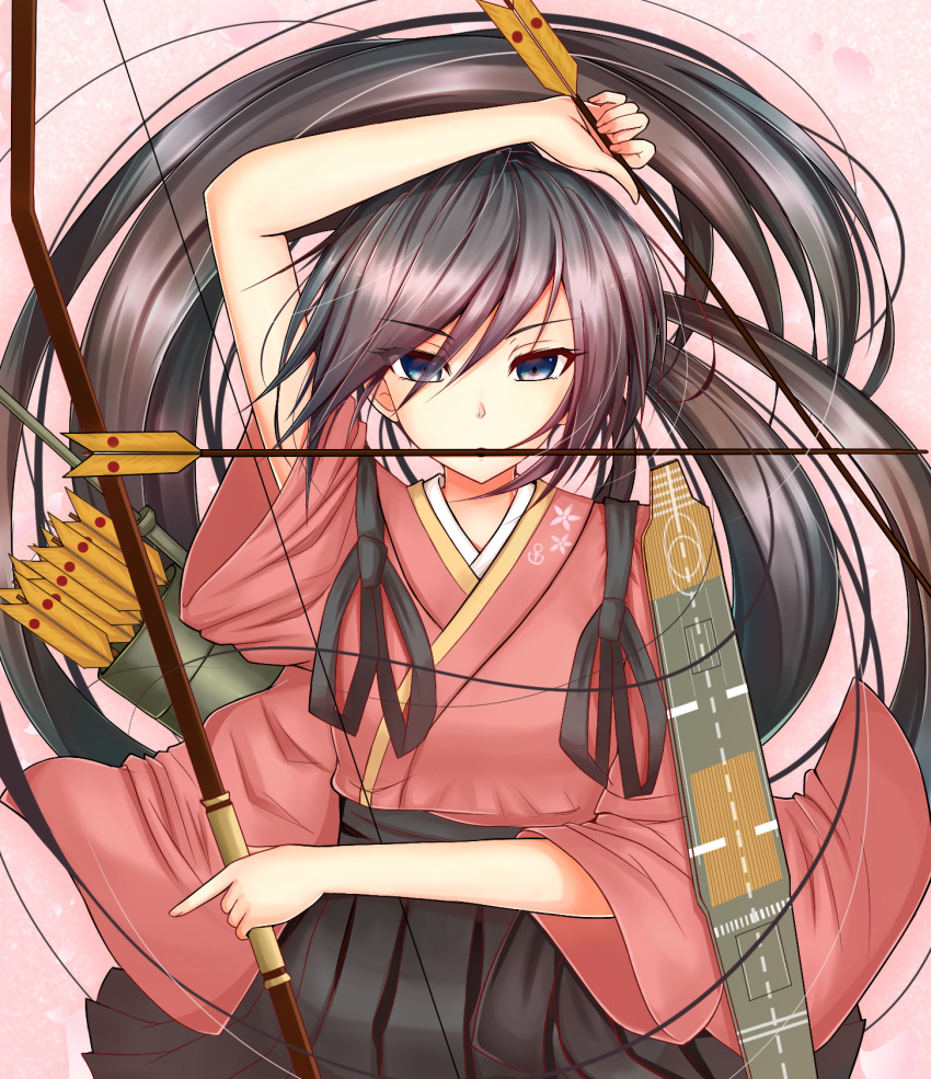1girl anchor_symbol arm_up arrow behind_back black_hair black_ribbon black_skirt blue_eyes cherry_blossoms dual_wielding expressionless eyebrows eyebrows_visible_through_hair fingernails fletches flight_deck floating_hair floral_print hair_over_one_eye hakama_skirt highres holding holding_weapon houshou_(kantai_collection) index_finger_raised kantai_collection long_hair long_sleeves looking_at_viewer mouth_hold nontraditional_miko parted_lips petals pink_background pleated_skirt ponytail quiver ribbon sazamiso_rx simple_background skirt solo tsurime very_long_hair wide_sleeves